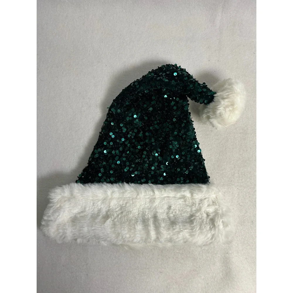 Christmas Holiday Great Value Womens OS Green Sequin Faux Fur Santa Hat Set of 2